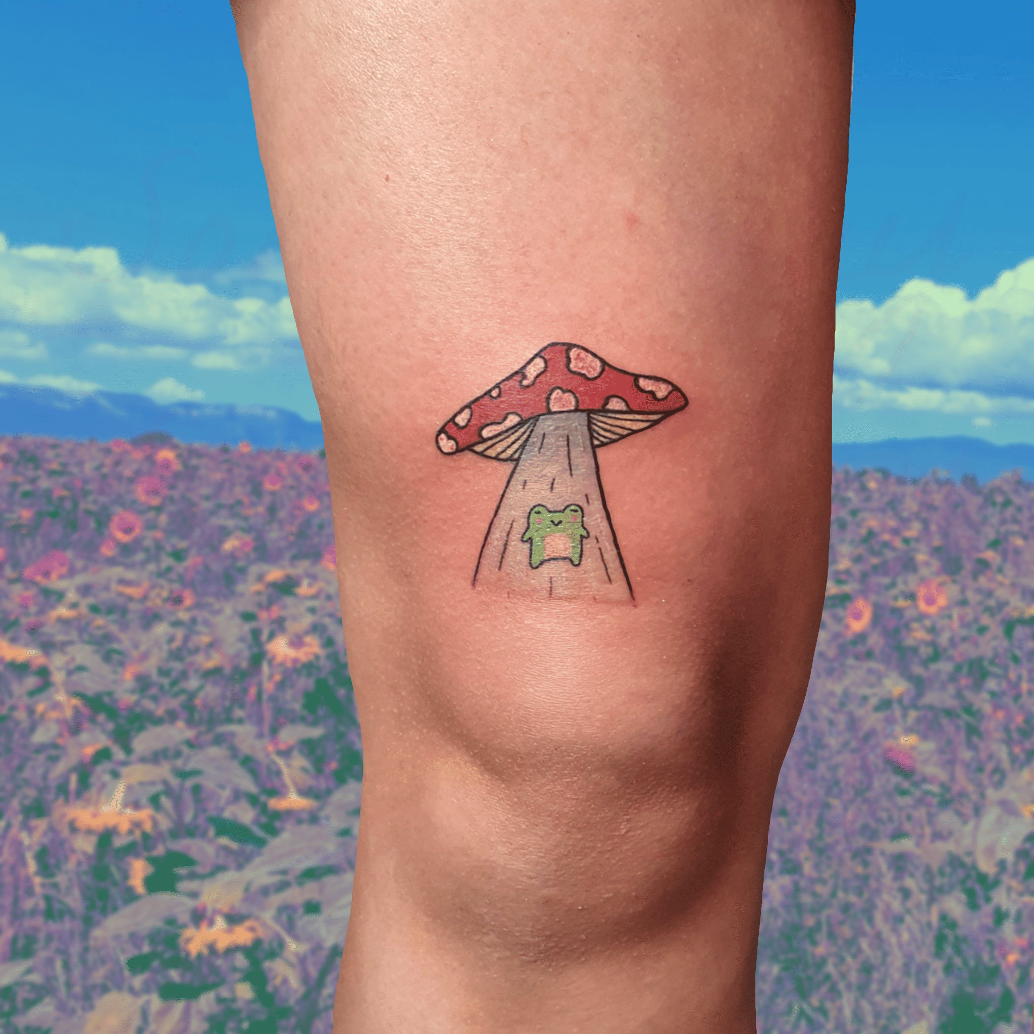 Tatouage d'une grenouille enlevée par une soucoupe champignon en couleurs
